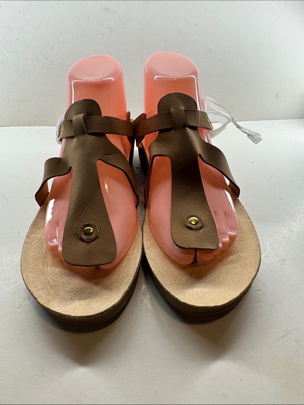 Brown Leather T-Strap Sandals with Pink Footbed